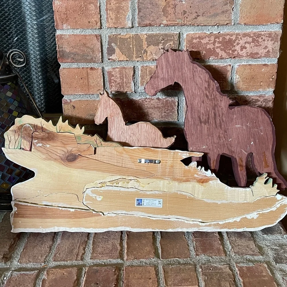 Vtg Hand Made Wooden 3D Art Puzzle Style Horses Barn Wall Hanging